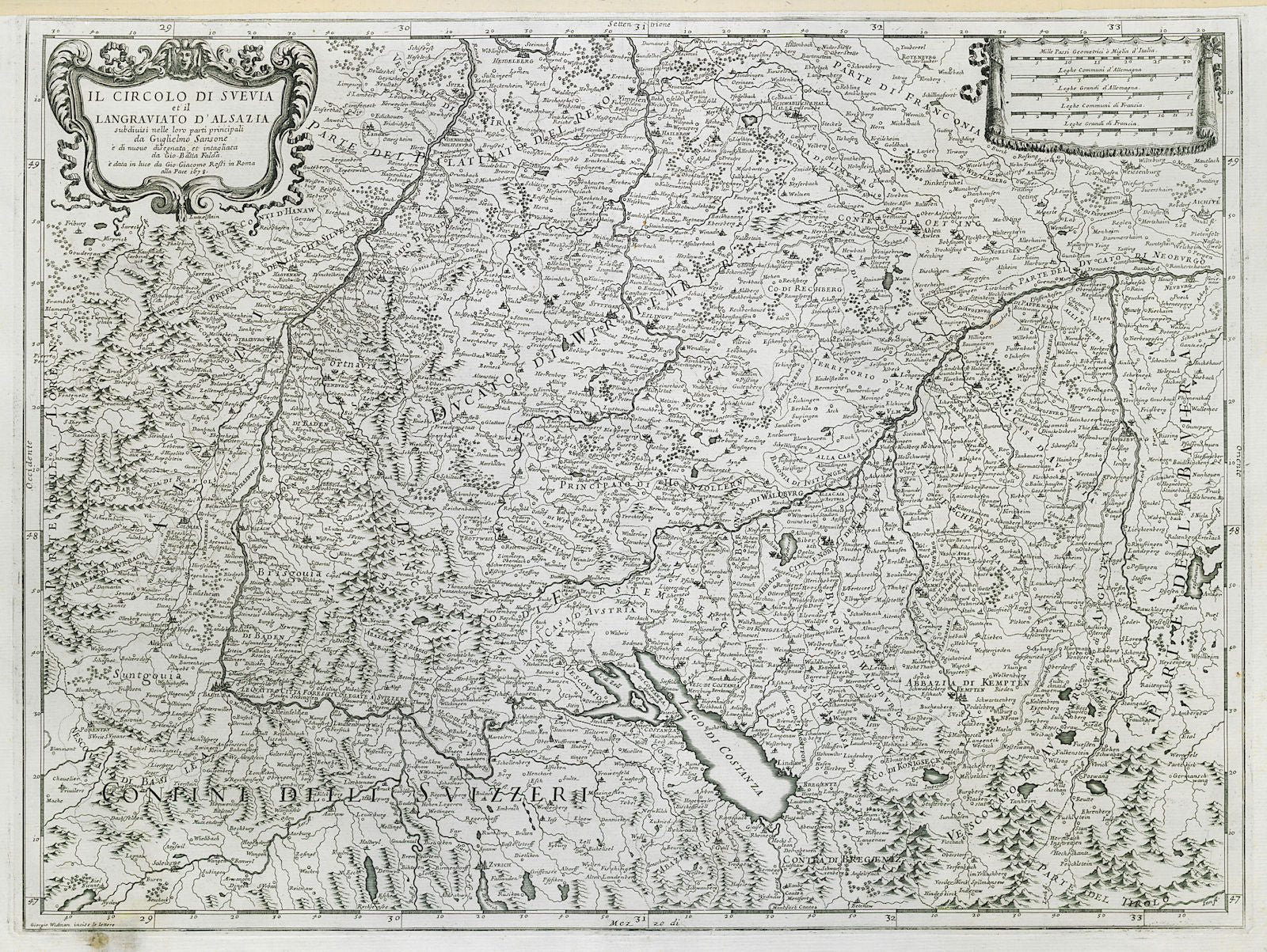 Il Circolo di Svevia et… Alsazia. Swabia Alsace SW Germany ROSSI/SANSON 1678 map